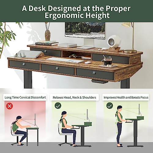 FEZIBO Height Adjustable Electric Standing Desk with 5 Drawers, 55 x 24 Inch Table with Storage Shelf, Sit Stand Desk Black Frame/Rustic Brown Top, FEZIBO