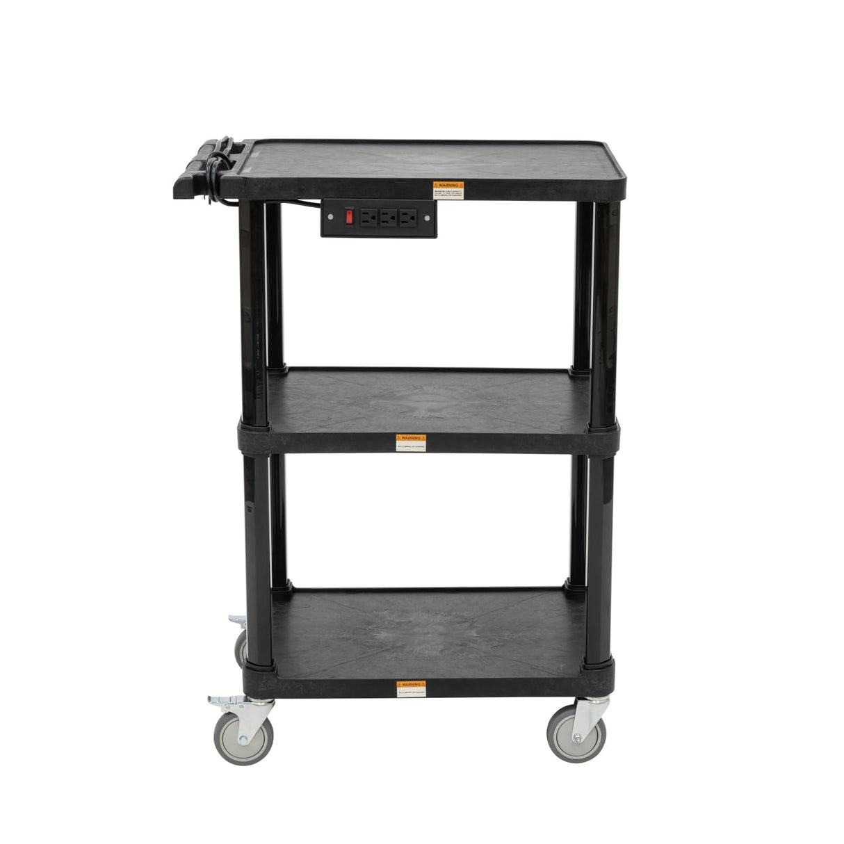 Pearington 3-Shelf Mobile Utility Cart with 3 Outlets and 8' Cord, Heavy-Duty Service Cart for Offices and Warehouses with 3 Shelves, Black Pearington