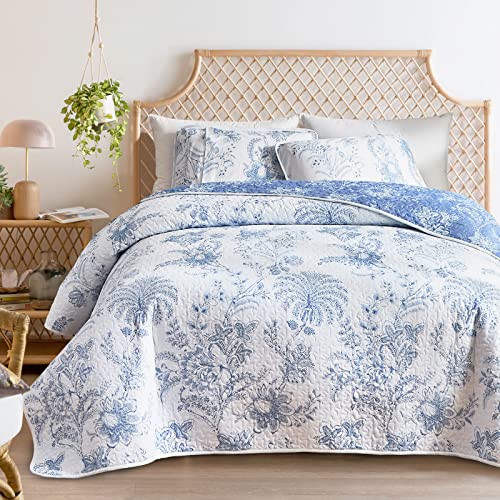 Flysheep Reversible Quilt Set Full Queen Size, 3 Pieces White Blue Botanical Floral Printed Summer Bedding Set, Soft Microfiber Lightweight Bedspread/Coverlet for All Season - 92"x90" Flysheep
