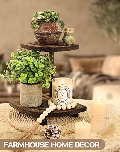 Tikea Decorative Wood Riser for Display, 2-Tier Rustic Corner Shelf for Kitchen Bathroom Counter Decor, Pedestal Stand for Soap Dispenser, Candle and Plant (Brown) Tikea