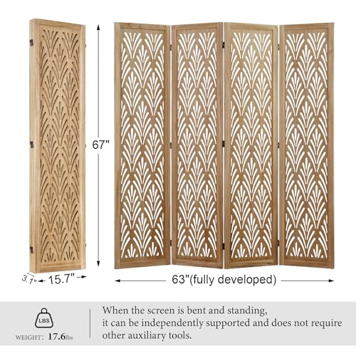 5.6Ft Room Divider Folding Wood Simple Carved Partition Screen for Home Office Garden - 4 Panels (Natural) Svimi