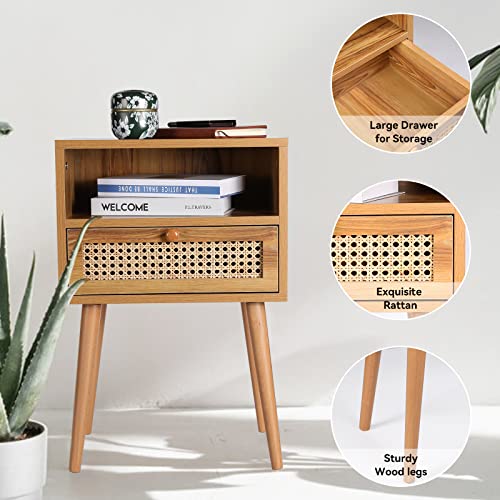 Rattan Nightstand Bedside Tables, Modern Wood Side Table Small End Table for Bedroom Living Room with Long Solid Wood Legs Drawer and Open Shelf HOCAT
