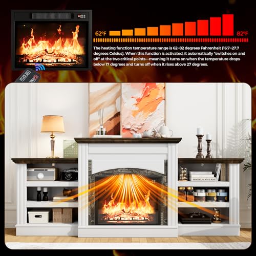 Frmobepts 72" Electric Fireplace TV Stand, Electric Fireplace with Mantel, Modern Entertainment Center with Storage, Realistic Stacked Stone Surround for Living Room Frmobepts