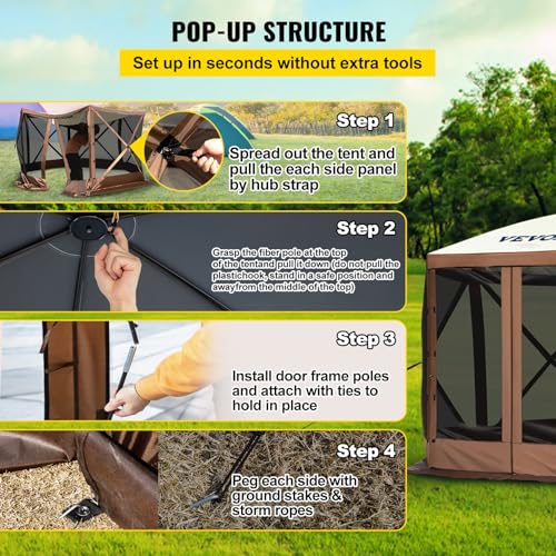 VEVOR Pop Up Gazebo Screen Tent, Pop-Up Instant Gazebo Tents with Mosquito Netting Outdoor Canopy, 6 Sided Sun Shelter 10x10ft with 6 Removable Wind Cloths & 2 Mesh Windows, Pavilion Tent for Patio VEVOR