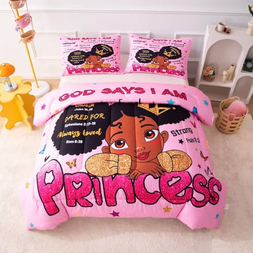GRAT TIOC Black Girl Magic Comforter Set Twin,Black Girl Bedding Set,Christian Inspirational Little Princess Comforter,God Says I Am Afro Melanin Peekaboo Bedroom Set GRAT TIOC