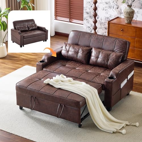 VINGLI Rustic Futon Sofa Bed Convertible Loveseat Sleeper Sofa Couch, Pullout Sofa Fold Out Couch Bed with USB Ports, Cup Holders, Armrest for Living Room, Bedroom Apartment Room VINGLI
