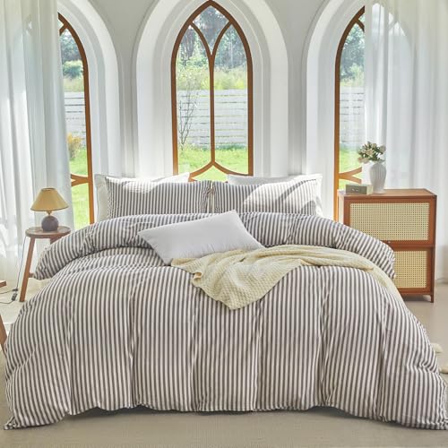 XINMIANFANG Striped Duvet Cover Set Full Size 3 Pcs 100% Washed Cotton Linen Like Textured Natural Wrinkle Comfy Breathable (Full, Classic Stripe-Mauve Brown/White) XINMIANFANG