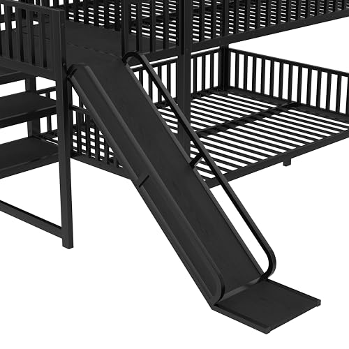 Bellemave Metal Bunk beds Full Over Full with Slide and Storage Stairs, House Floor bunk Bed with guardrail for Kids,Black Bellemave