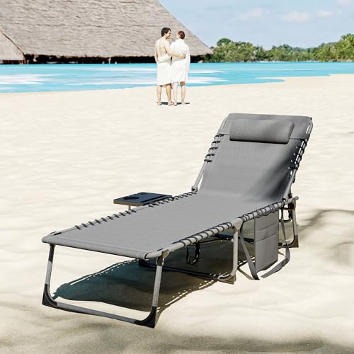 Outsunny Folding Chaise Lounge Chair Outdoor Tanning Chair with Side Table, 5-Level Adjustable Beach Lounge Chair with Headrest, Side Pocket for Patio, Backyard, Beach, Poolside, Gray