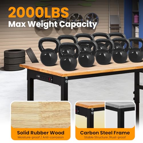 Heavy-Duty Adjustable Garage Workbench 60" L x 24" W – 2000 LBS Capacity with ETL Power Outlet, Rubberwood Top for Woodworking, Welding, Crafting & Home Office (29.5"-39.4" Height Adjust) EliteEdge