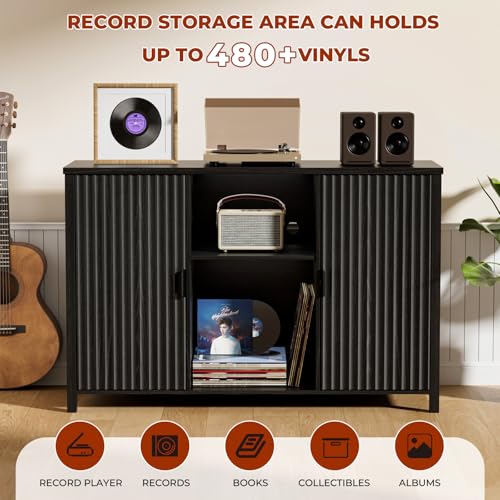 BROTTAR Large Record Player Stand with Vinyl Storage, 47" Wood Turntable Stand with Open Shelves and Fluted Doors, Vinyl Record Storage Cabinet Holds Up to 480 Albums for Music Room Living Room, Black BROTTAR