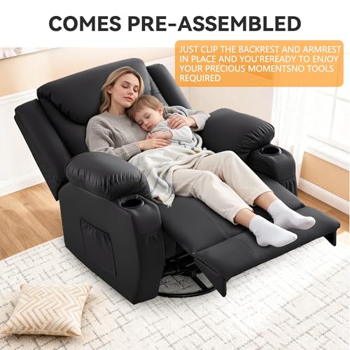 Korser Oversized Recliner Chair, 360° Swivel Recliner for Adults,Swivel Rocker Recliner Chair with Heat and Massage, Manual Recliner with Remote Control and Cup Holders for Living Room, Faux Leather Korser