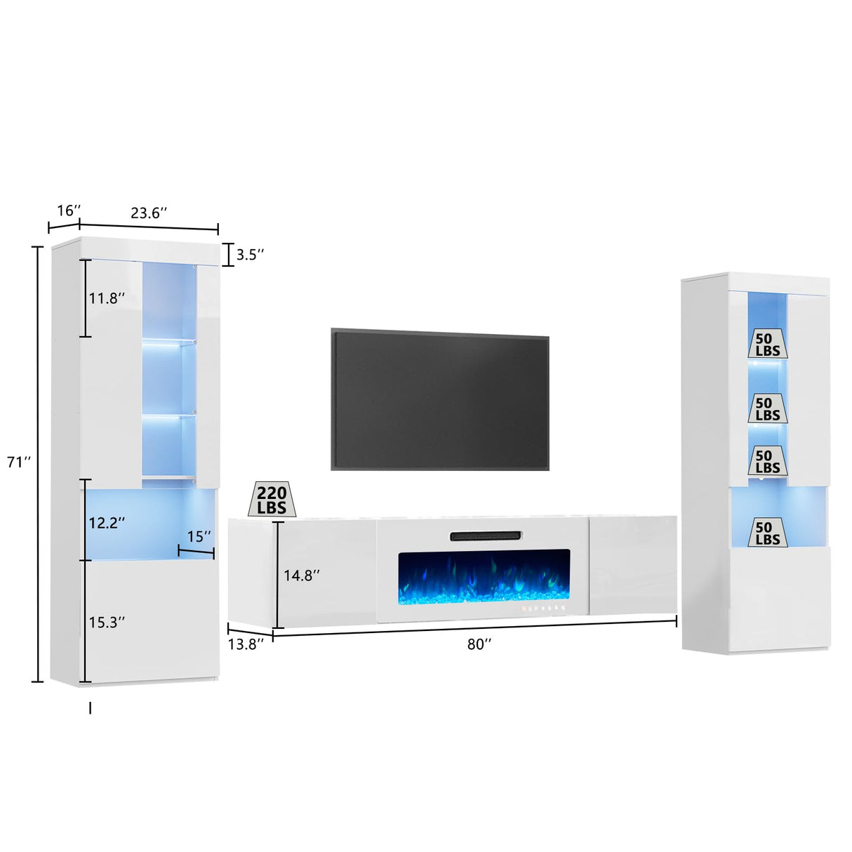 AMERLIFE High Gloss Living Room Entertainment Center with LED Lights, Including Floating Fireplace TV Stand with 40" Electric Fireplace & 2 Bookcases with Glass Doors, All White AMERLIFE