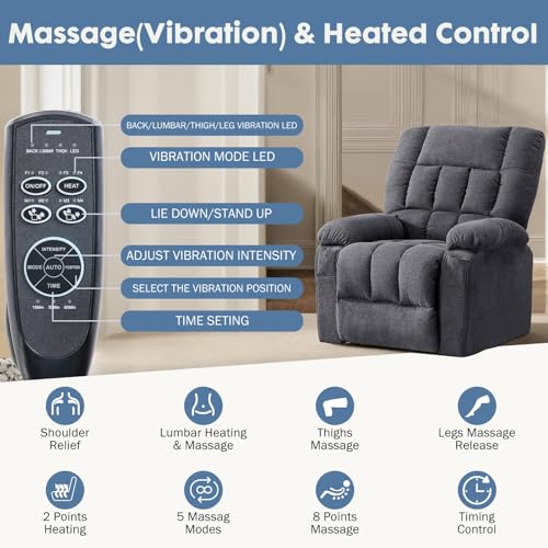 DUMOS Power Lift Recliner Chair with Vibration Massage and Heat for Elderly, Ergonomic Overstuffed Breathable Fabric Reclining Chair with 3 Pockets, Remote Control, Living Room, Bedroom, Grey DUMOS