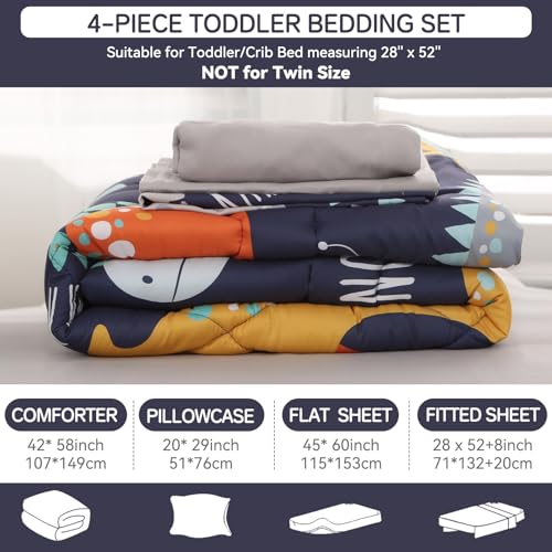 Wowelife Toddler Bedding Sets for Boys Premium 4 Piece Dinosaur Toddler Comforter Set Blue Grey Bed Set, Super Soft and Comfortable for Toddler(Dark Blue) Wowelife