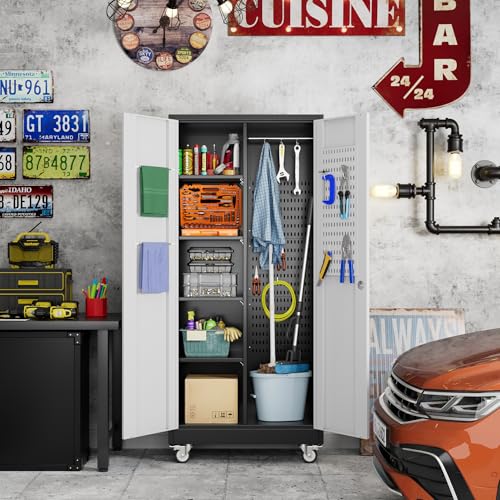 GLADIW Garage Storage Cabinet with Wheels, Broom Closet Storage Cabinet with Pegboards and Adjustable Shelves, Metal Tool Cabinet with Lockable Door for Garage Home, Black and White GLADIW