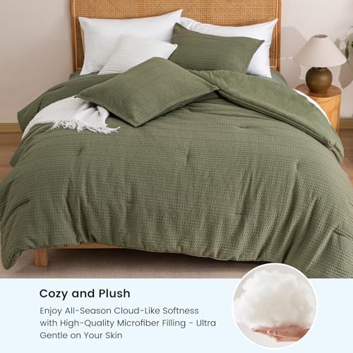 PHF Soft Waffle Comforter Set King Size- Comfy Breathable Waffle Weave Comforter with 2 Pillow Shams, 3 Pieces Less Snagging Lightweight Textured Bedding Set for All Season, Olive Green PHF