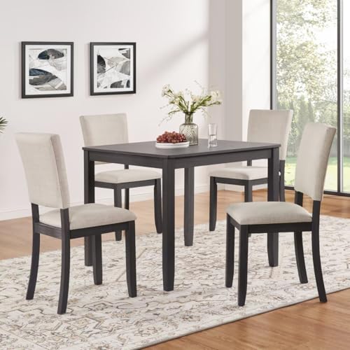 JIJIWANG Modern 4 Person Dining Table Set with 4 Chairs, Dining Table Set for 4 People, 5-Piece Wooden Dining Table Sets for Living Room, Kitchen and Dining Room, Antique Black + Beige JIJIWANG