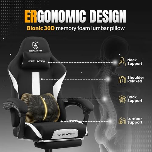 GTPLAYER Gaming Chair with Foot Rest & Pocket Spring Cushion, Breathable Fabric for Home Office Desk, Ergonomic High Back Computer Chair with Headrest & Lumbar Support, Black GTPLAYER