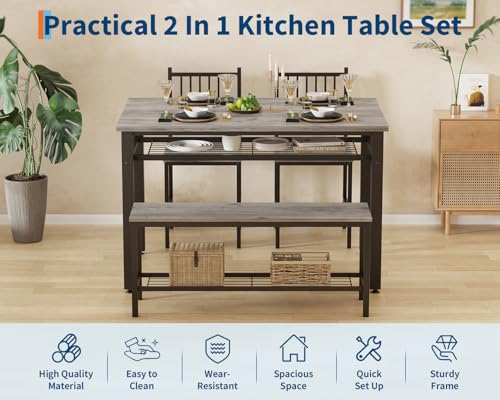 GarveeHome Modern Dining Table Set for 4, Kitchen Table for 4 with Chairs &Storage Bench,47 "Rectangular Dining Room Set with Bench,4 Piece Kitchen Table Set for Small Space/Apartment(Gray) GarveeHome