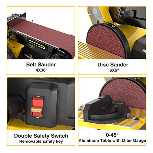 Woodskil 4.3A Belt Sander, 4 x 36 in. Belt & 6 in. Disc Sander, Double Dust Exhaust Port, Steel Base, 2Pcs Sandpapers Included Woodskil