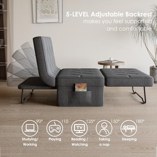 DSNAPE Convertible Sofa Bed with 5-Level Adjustable Backrest, 70" D x 34" W 4-in-1 Folding Ottoman Sleeper Chair Bed, Modern Single Futon Couch for Living Room Apartment Dorm Small Space, Dark Grey DSNAPE