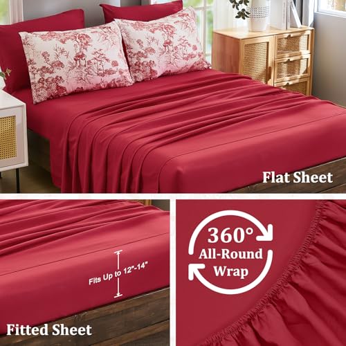 DJY King Size Comforter Set, Red 7 Pieces Bed in a Bag King Botanical Comforters with Sheets Elegant Plants Print Christmas Soft Microfiber Reversible Complete Bedding Sets for All Season
