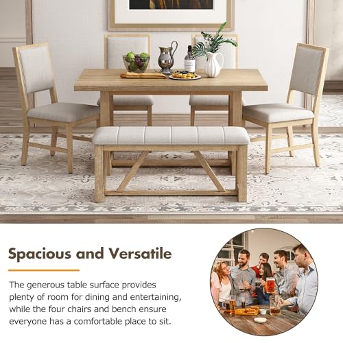 Merax Farmhouse Wood 6-Piece Dining Set, 59.6 inch Rectangular Table, 4 Upholstered Chairs and 1 Bench for Kitchen, Natural Merax