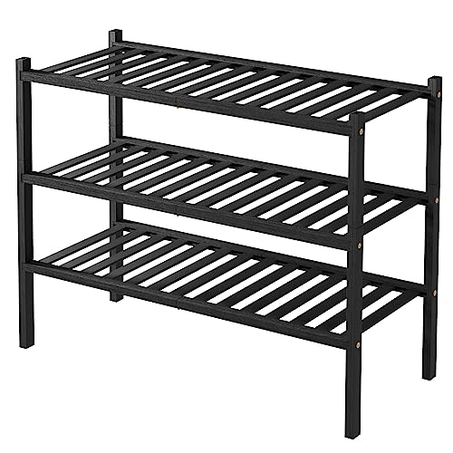 ROMGUAR CRAFT 3 Tier Bamboo Shoe Rack for Closet Free Standing Wood Shoe Shelf Storage Organizer for Entryway Small Space Stackable 27"x11"x20" (Black) ROMGUAR CRAFT
