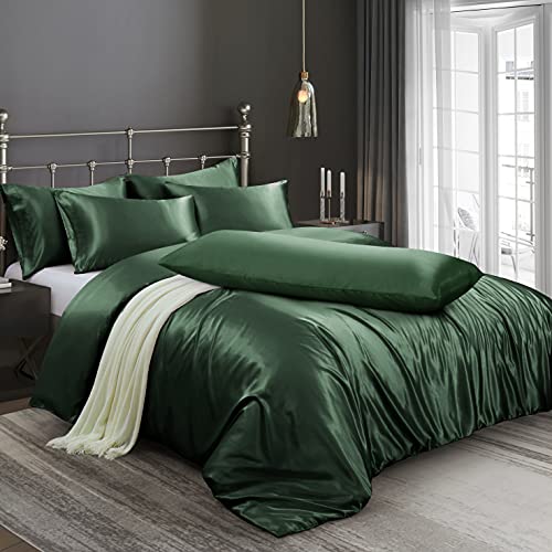 Ersmak 6 Pieces Satin Duvet Cover King Size Luxury Silky Bedding Duvet Cover Set with 1 Soft Duvet Cover, 4 King Pillowcases and 1 Body Pillowcase, Emerald Green Ersmak