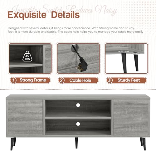 YESHOMY Modern TV Stand for 65" Television, Entertainment Center with Two Storage Cabinets, Retro Style Media Console for Living Room, Bedroom, Office, 58 Inch, Light Gray YESHOMY