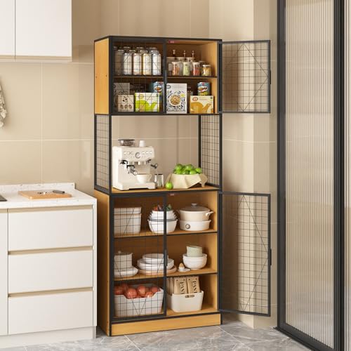 VECELO 72in Tall Kitchen Pantry Cabinet with Doors and Shelves, Large Freestanding Storage Cupboard with Countertop Hutch for, Oak VECELO