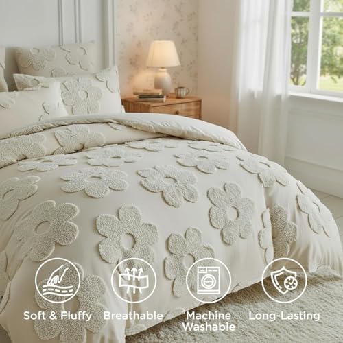Frienda Spring Floral Full Comforter Cover Set for Girl Women 3 Pcs Tufted Khaki Floral Bedding Set Embroidery Boho Warm Tufted Bedding Include 1 Comforter Cover 2 Pillow Case for Home Gift Frienda