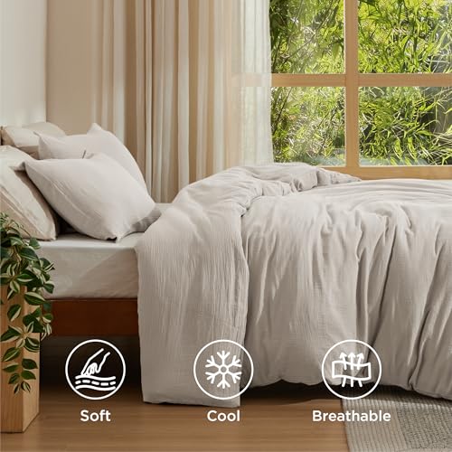Bedsure Muslin Duvet Cover Queen Size - Cotton Blend Rayon Derived from Bamboo, Cooling Duvet Covet for Hot Sleepers - Ultra-Soft & Breathable Bedding Set for All Seasons(Oat Milk, 90"x90") Bedsure