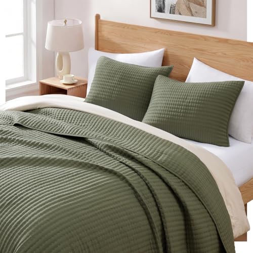 WRENSONGE Queen Quilt-3 Pieces Lightweight Bedspreads Olive Green Queen Size Quilt Bedding Set for All Seasons, Soft Summer Coverlet with 2 Pillow Shams Suitable for Bed & Couch WRENSONGE