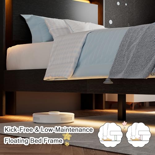 Einhomn Twin Bed Frames with LED Lights and Charging Station - Wood Floating Bed Frame with Storage Headboard, Adhesive Slats, Kick-Free & Noise-Free Design, Easy Assembly, Black Einhomn