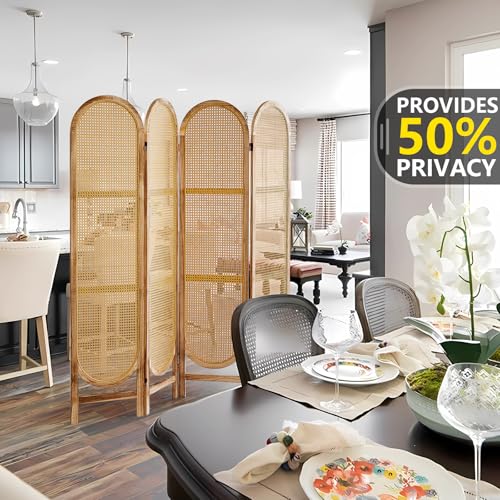 Aletheiawu Room Divider and Folding Privacy Screen 5.6 Ft Rattan Room Divider with Double Hinges, Foldable Wood Partition Screen, Freestanding Wall Divider for Room Separation Home - 4 Panel Natural Aletheiawu