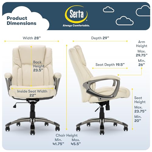 Serta Garret Executive Office Chair, Ergonomic Mid-Back with Lumbar Support, Semi-Plush Cushion and Body Pillows, Padded Armrests, Swivel Base, Bonded Leather, Ivory White Serta