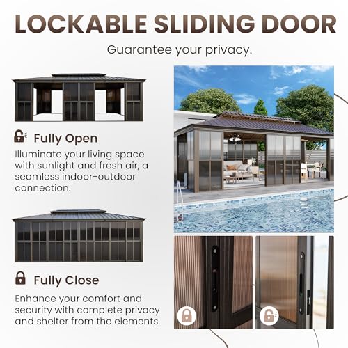 EROMMY 12' X 20' Hardtop Sunroom, Galvanized Steel Double Roof Gazebo Solarium with Detachable Windows & Lockable Doors, All-Weather Sun Room for Patio Deck Backyard