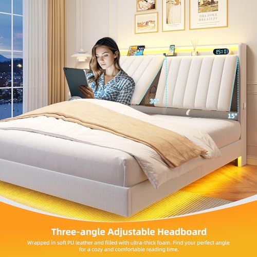 Jocoevol Queen Size Floating Bed Frame with Ergonomic Hidden Storage Headboard and LED Lights, Visual Floating LED Bed Frame with Charing Station, Velvet Upholstered Platform Bed, Heavy Duty, White Jocoevol