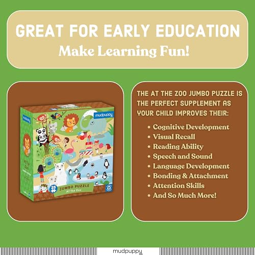 Mudpuppy At The Zoo - Jumbo 25 Piece Jigsaw Floor Puzzle Featuring Lions, Elephants, and More! Mudpuppy