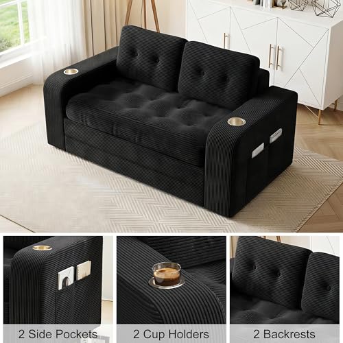 55" Convertible Sofa Bed, 2 in 1 Futon Sofa Bed with Storage Pockaets, Folding Couch Bed with Cup Holders, Boneless Loveseat Sleeper Sofa, Fold Out Floor Couch for Living Room Bedroom Lounge (Black) Hretanant