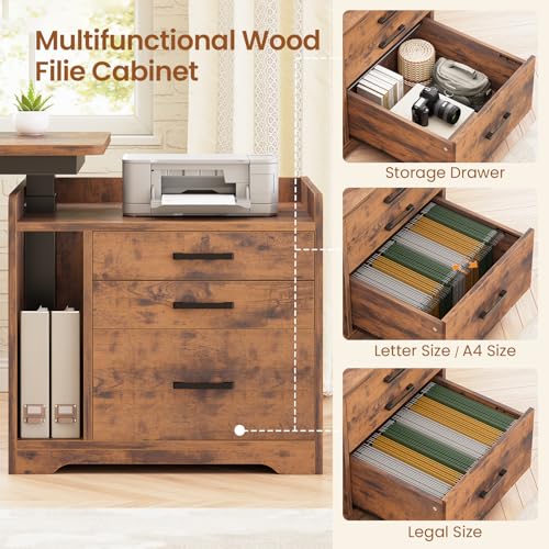 SEDETA L Shaped Electric Standing Desk with File Cabinet, 63 x 53'' Height Adjustable Home Office Computer Desk with 3 Drawers, Power Outlet, Stand up Gaming Table with Led Lights, Rustic Brown SEDETA