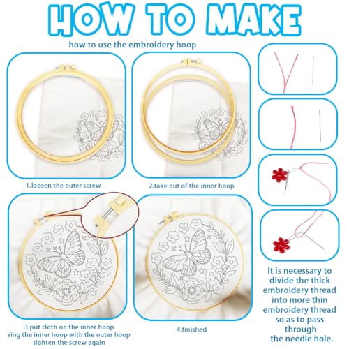ACRNIGHEET 5PCS Embroidery Kit for Beginners Adults, Butterfly Embroidery Kit, Flowers Embroidery Starter Kit with Instructions, Including 5 Stamped Embroidery Cloth Hoops Threads, Crafts Gift Idea