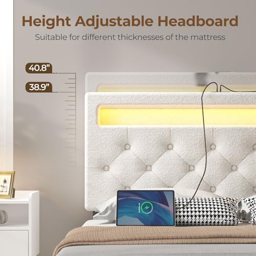 Rolanstar Twin Bed Frame with 4 Storage Drawers and Charging Station,Twin Bed with Led Lights, 2 USB & 1 Type C, Adjustable Headboard 38.9/40.8 Inches, No Box Spring Needed, White Rolanstar