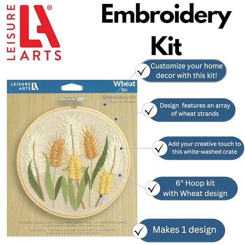 LEISURE ARTS Embroidery Kit 6 Inch Wheat - Beginner Hand Stitching Kit with Hoop, Needle, Thread, Printed Fabric, and Instructions for Adults and DIY Crafters