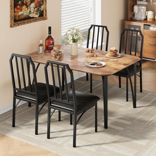 IDEALHOUSE Dining Table Set for 4, Kitchen Table Set of 4 with Upholstered Cushion Chairs, Dining Room Table Set with Kitchen Chairs, Easy to Assemble, Suitable for Apartment - (Rustic Walnut) IDEALHOUSE