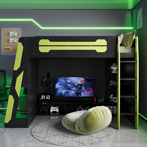 LUMISOL Twin Size Gaming Loft Bed with Desk, RGB LED Lights & Charging Stations, Wood Loft Bed Frame with Storage Bookshelves for Kids, Teens & Adults, Green + Black LUMISOL