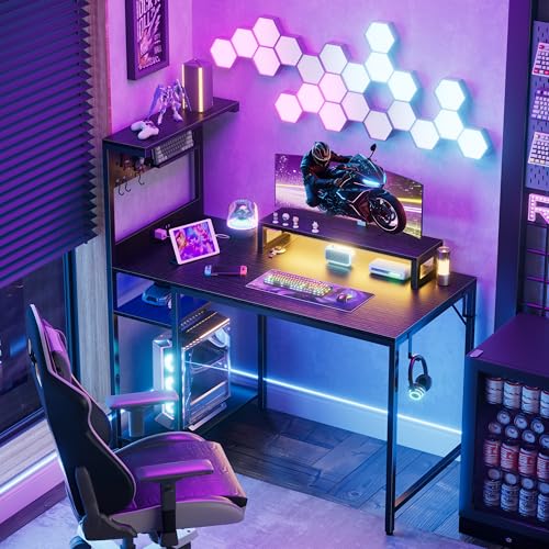 MEUIS 40 inch Small Gaming Desk with Pegboard Shelves Computer Desks with Led Lights Power Outlets PC Monitor Stand Reversible Storage Shelf Table for Bedroom Small Space, Black MEUIS