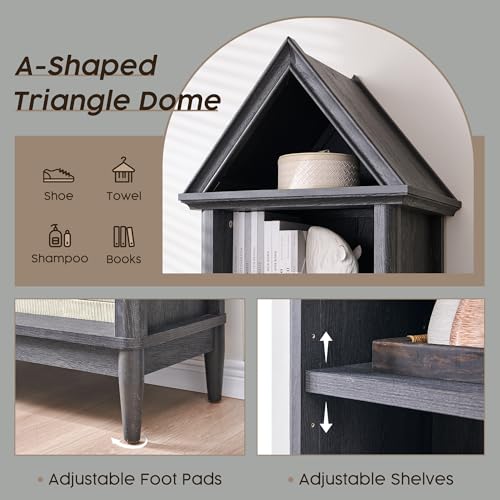 IFGET 75.9" Tall Farmhouse Bookcase, Angle Arched 5 Tiers Narrow Bookshelf Cabinet with Adjustable Shelves, Modern Wooden Geometric Book Shelf w/Display Storage for Living Room, Office-Dark Grey IFGET